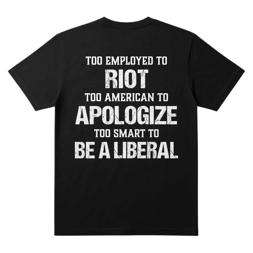 black t-shirt featuring white distressed text print on the back with political slogan.