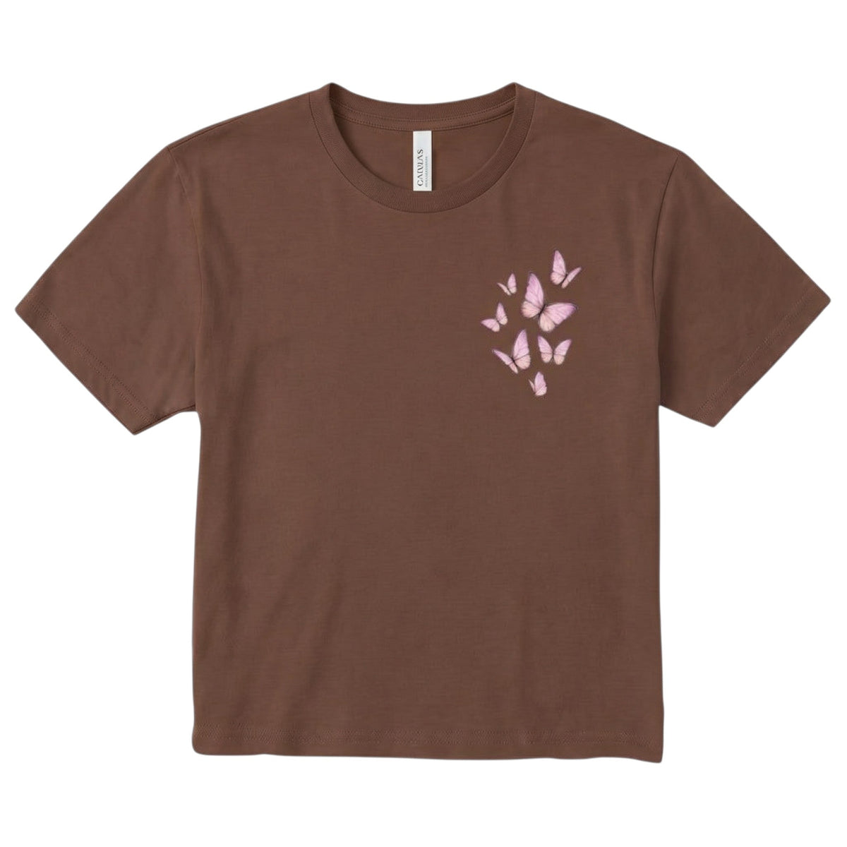 brown cropped crewneck t-shirt featuring a delicate pink butterfly graphic on the chest.