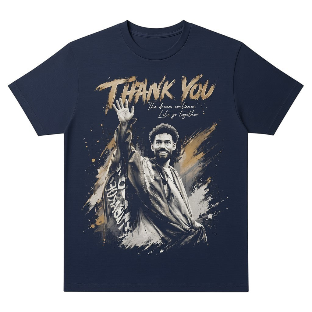 navy blue unisex t-shirt featuring a graphic print of a goalkeeper waving goodbye with gold text.