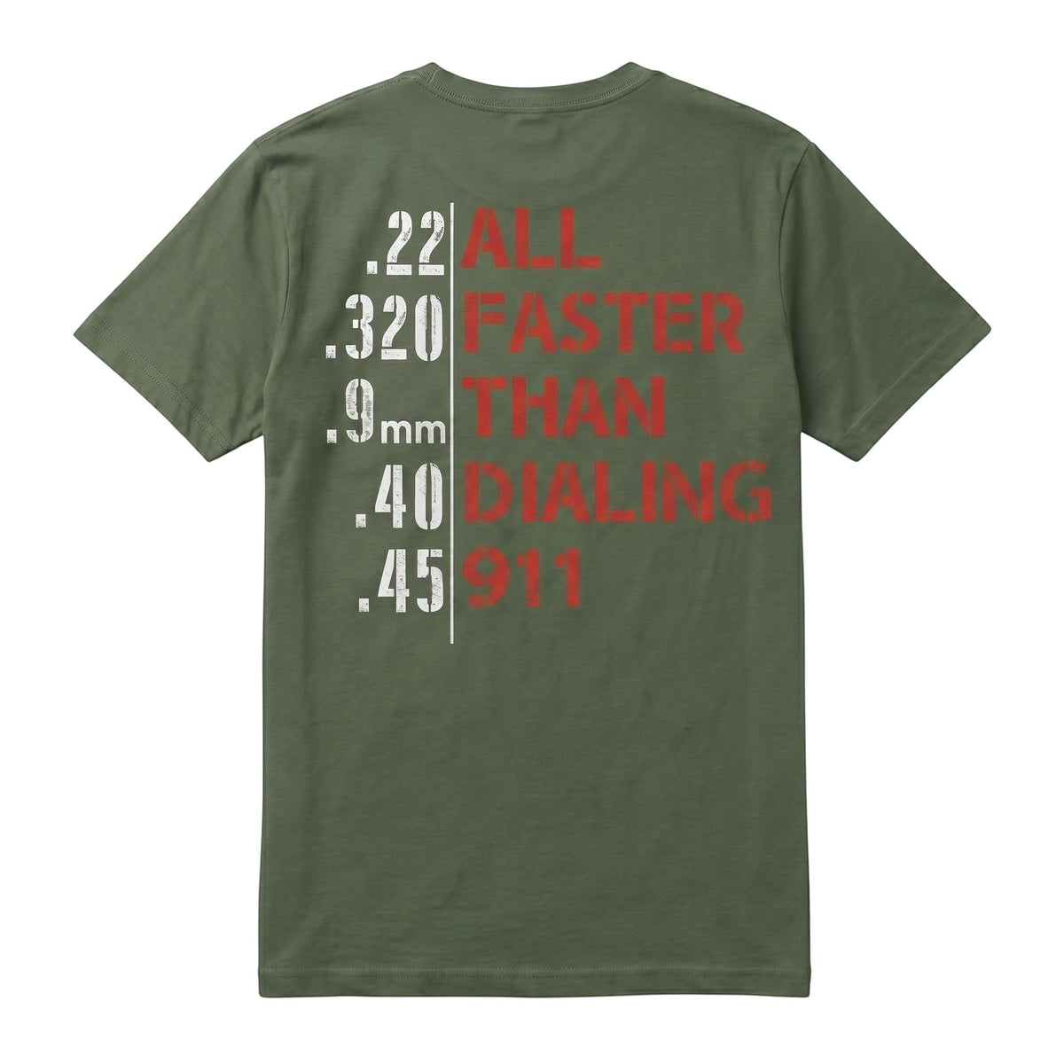 olive green unisex t-shirt with red and white graphic print on the back featuring firearm calibers