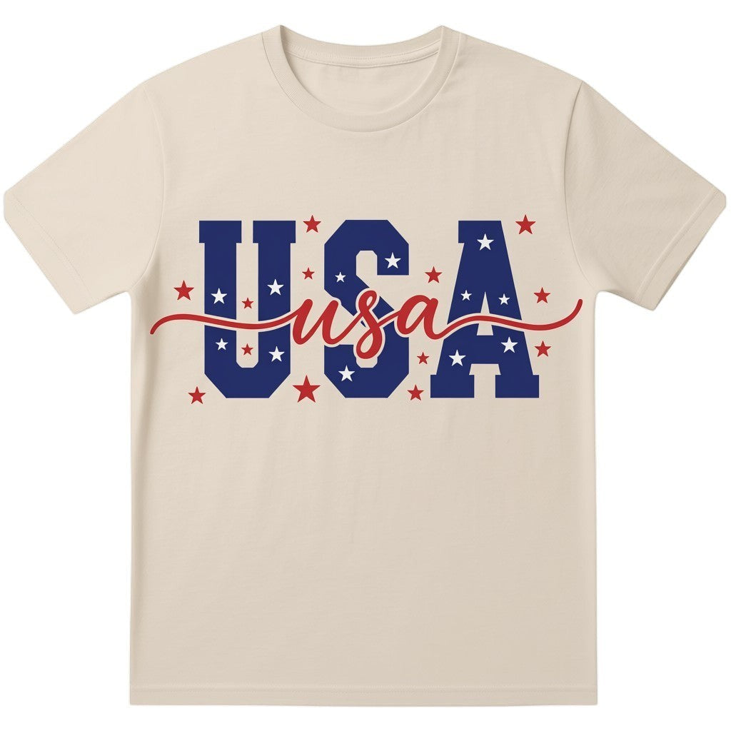 unisex heavy cotton t-shirt in sand featuring a blue USA graphic with red and white star accents.
