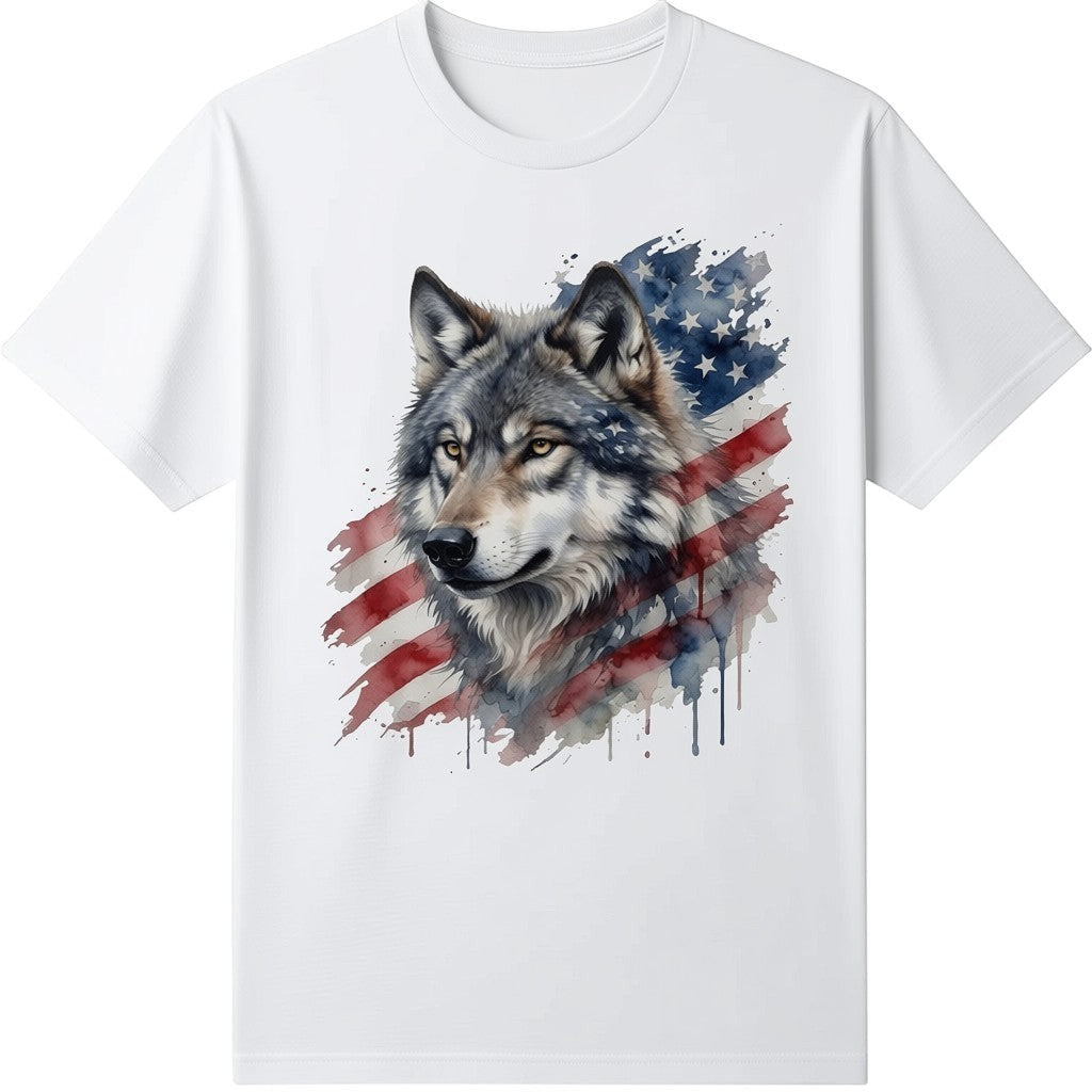 white t-shirt featuring a watercolor wolf graphic overlaid on a patriotic American flag design.