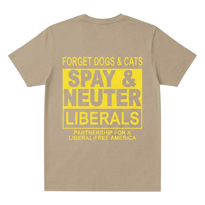  beige streetwear t-shirt with bold yellow graphic print on the back featuring political satire text.
