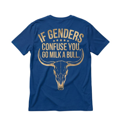  blue cotton t-shirt featuring a gold bull skull graphic and sarcastic text on the back