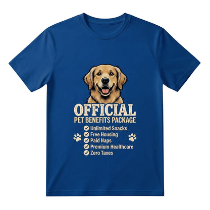  blue cotton t-shirt featuring a golden retriever and Official Pet Benefits Package graphic design.
