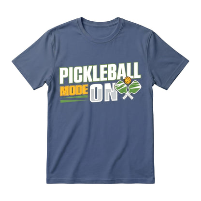  blue cotton unisex short sleeve tee with Pickleball Mode On graphic print