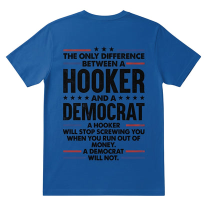  blue cotton graphic t-shirt with bold distressed political satire typography in black and red accents.