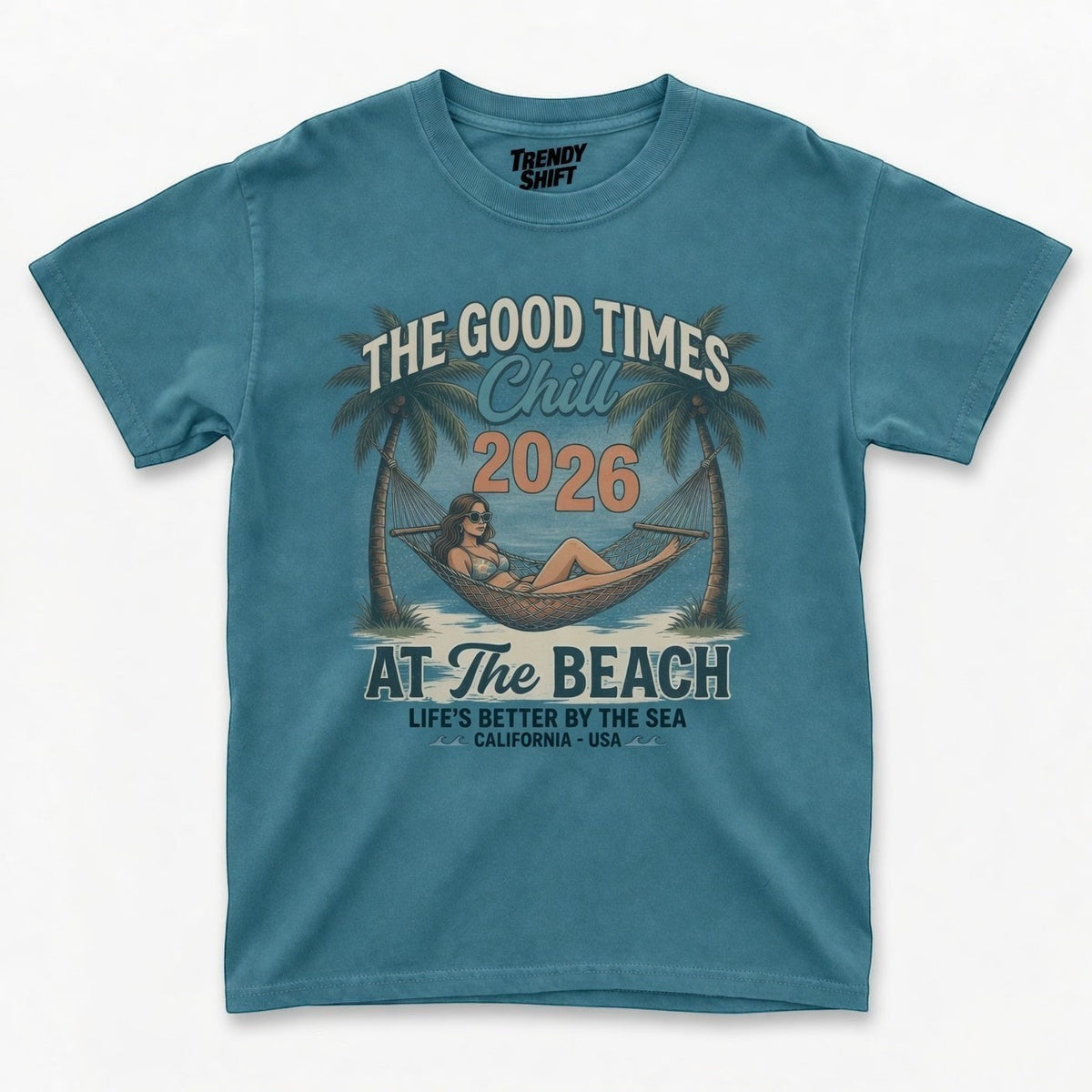  blue graphic t-shirt featuring a retro beach hammock scene with palm trees and summer text.
