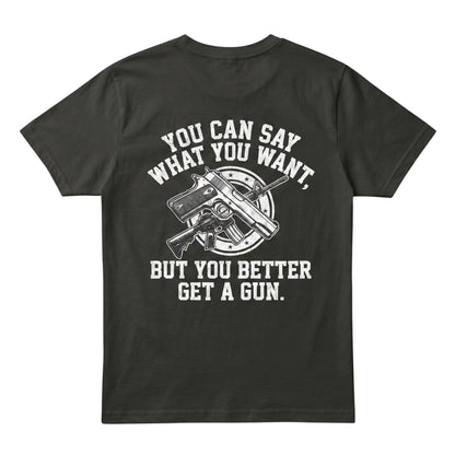  charcoal grey cotton t-shirt featuring a white graphic print of a gun and bold text on the back.