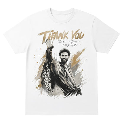  white unisex tee featuring a graphic of a goalkeeper waving goodbye with Thank You text design.