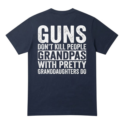  navy blue heavy cotton t-shirt with white distressed text print on the back for grandpas.