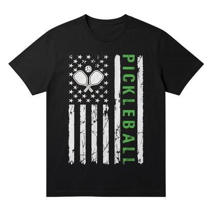  black unisex cotton t-shirt featuring a distressed American flag design with pickleball paddles.