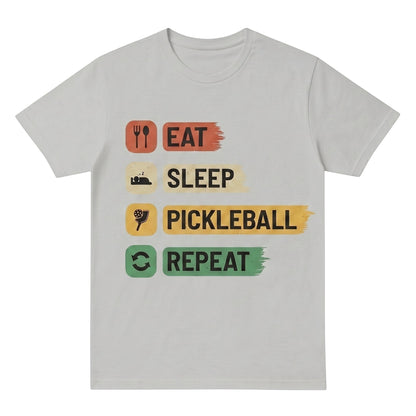  light grey unisex cotton t-shirt featuring an Eat Sleep Pickleball Repeat graphic print