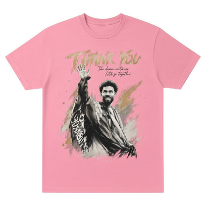  pink oversized cotton t-shirt featuring a goalkeeper farewell graphic and Thank You text print.