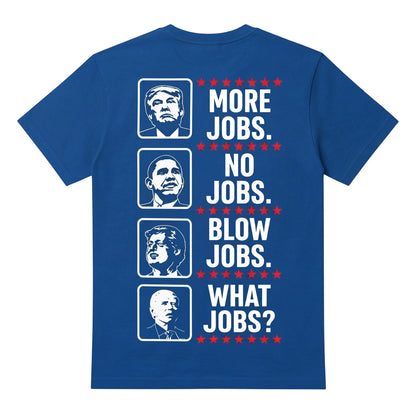  blue cotton graphic t-shirt featuring political satire portraits and bold text on the back.