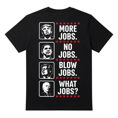  black cotton graphic t-shirt featuring political satire portraits and bold text in a vertical layout.