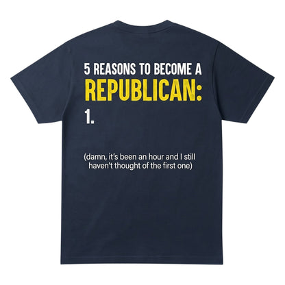  black cotton graphic t-shirt featuring satirical political humor text in white and yellow typography.
