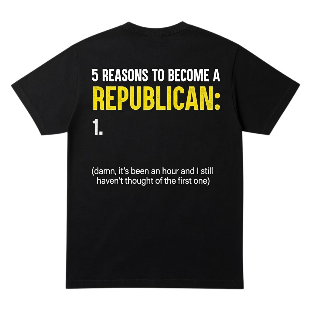  black cotton t-shirt with satirical political humor text printed on the back in white and yellow.