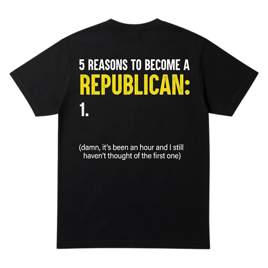  black cotton t-shirt with satirical political humor text printed on the back in white and yellow.