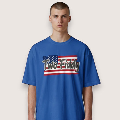  royal blue unisex cotton t-shirt with distressed American flag graphic and Two Fiddy brushstroke text