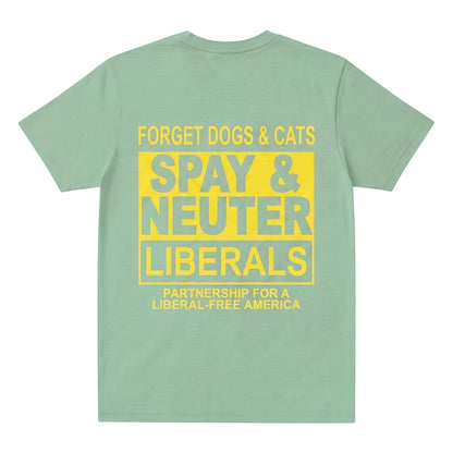  sage green cotton t-shirt with bold yellow and white political satire graphic print on the back.