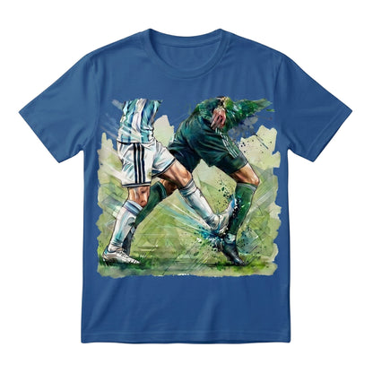  blue cotton t-shirt featuring a dynamic watercolor graphic of two soccer players in a match duel.