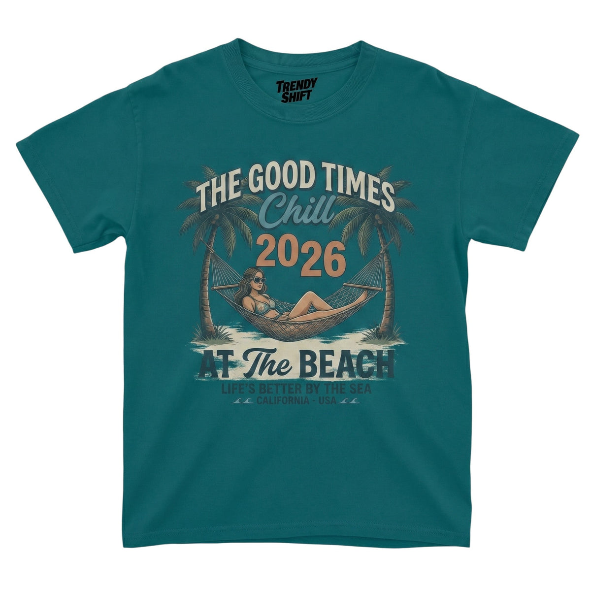  teal graphic t-shirt featuring a retro beach hammock scene with palm trees and summer text.
