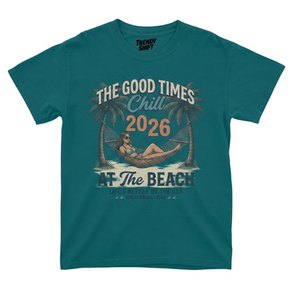  teal graphic t-shirt featuring a retro beach hammock scene with palm trees and summer text.