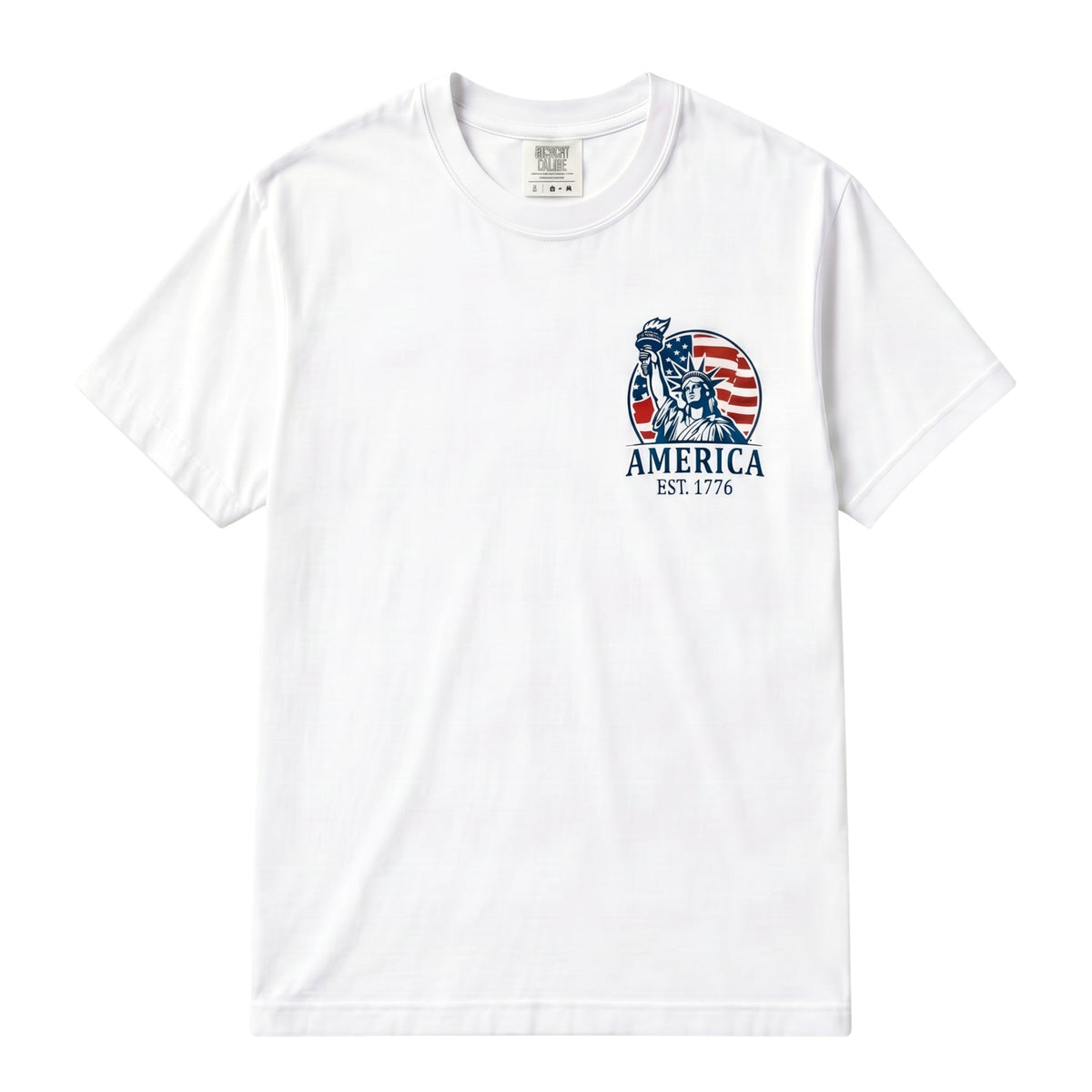  white cotton unisex t-shirt featuring a Statue of Liberty and American flag graphic on the chest.