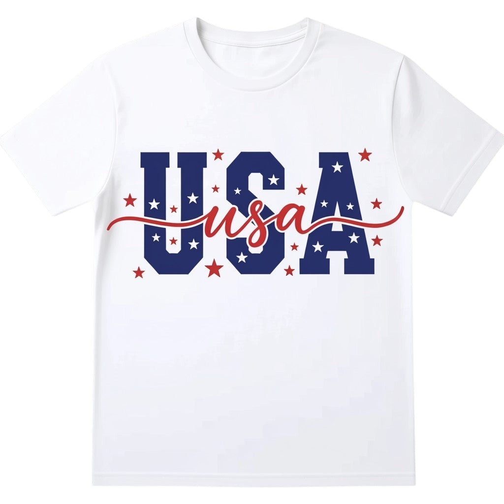  white unisex cotton t-shirt featuring a bold blue USA graphic with red and white patriotic stars.