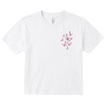  white cropped crewneck t-shirt featuring a delicate pink butterfly graphic on the chest.
