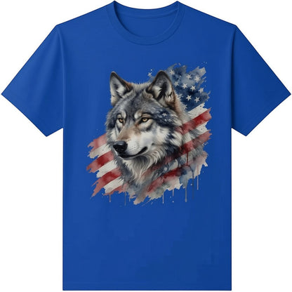  blue t-shirt featuring a watercolor wolf and American flag graphic print.