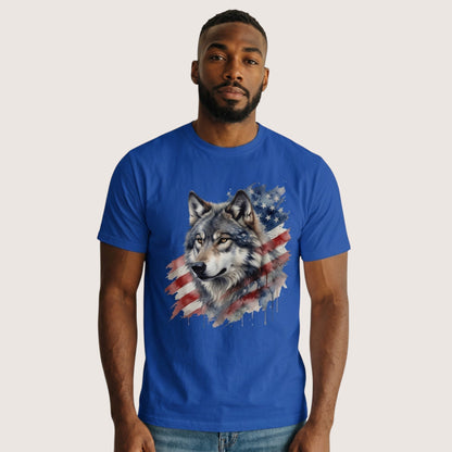  blue t-shirt featuring a watercolor wolf and American flag graphic worn by a man