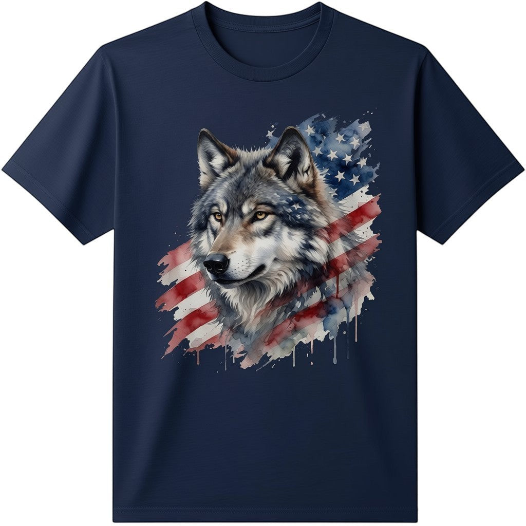  black t-shirt featuring a watercolor wolf graphic merged with an American flag design.
