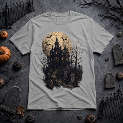  grey crew neck t-shirt featuring a spooky haunted house, full moon, and bats graphic print.