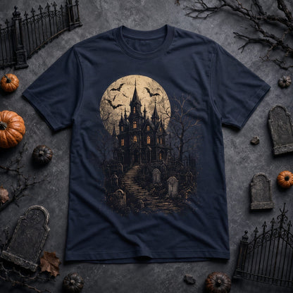  navy blue Halloween t-shirt featuring a spooky haunted house, graveyard, and full moon graphic.