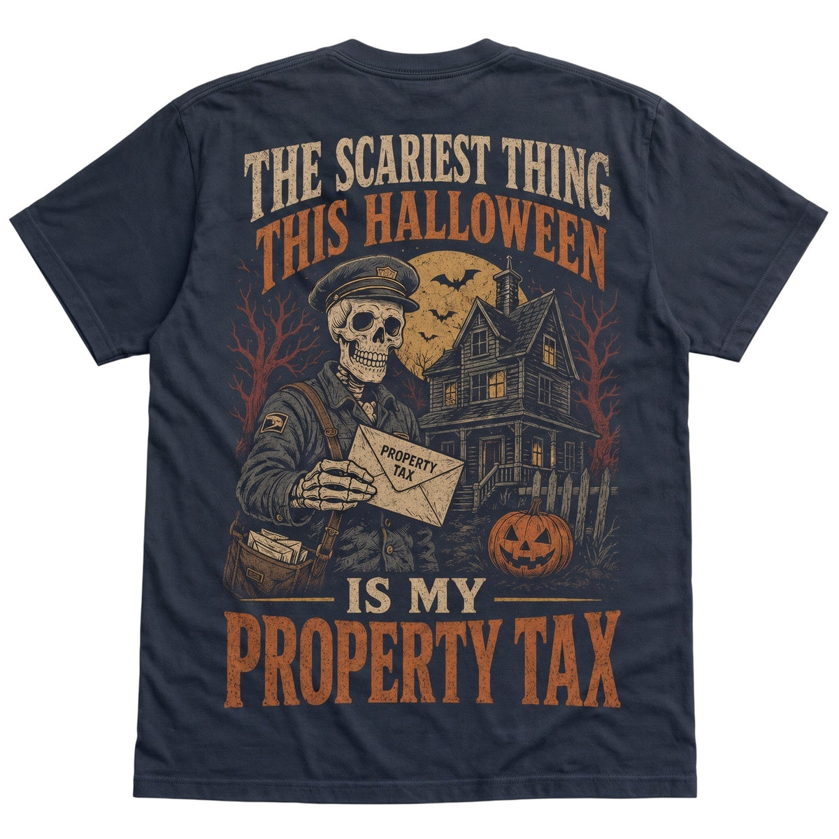  navy blue cotton Halloween t-shirt with vintage skeleton mailman and haunted house graphic print